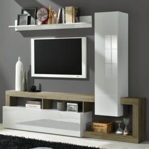 Hanmer Small White Gloss Entertainment Wall Unit In Cadiz Oak
