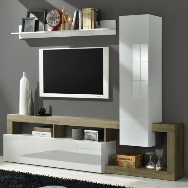 Hanmer Small White Gloss Entertainment Wall Unit In Cadiz Oak