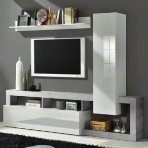 Hanmer Small White Gloss Entertainment Wall Unit In Cement