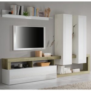 Hanmer Large White Gloss Entertainment Wall Unit In Cadiz Oak