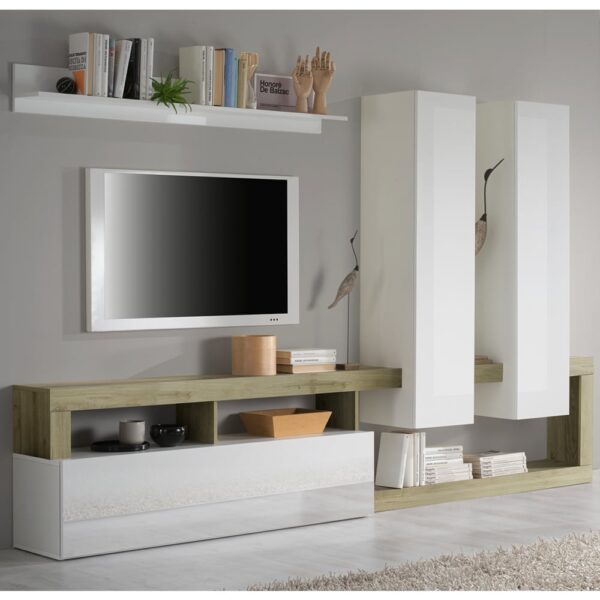 Hanmer Large White Gloss Entertainment Wall Unit In Cadiz Oak