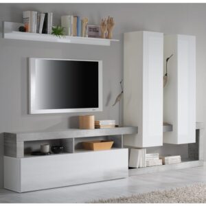 Hanmer Large White Gloss Entertainment Wall Unit In Cement