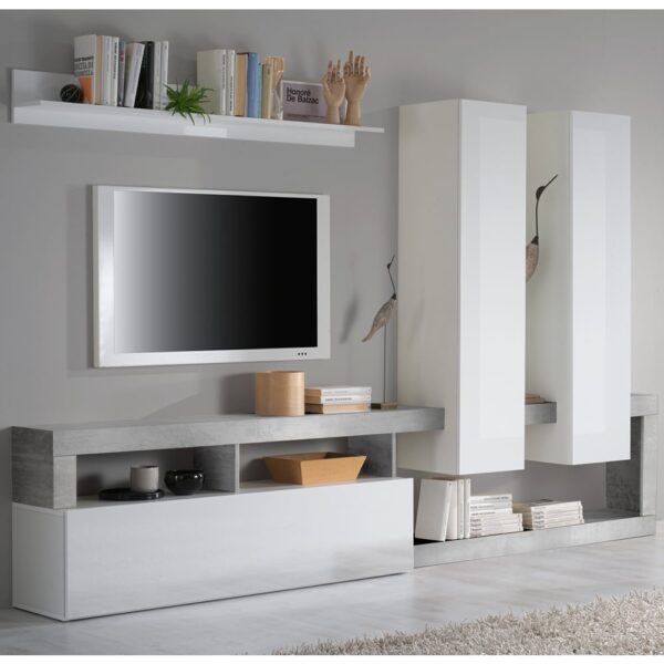 Hanmer Large White Gloss Entertainment Wall Unit In Cement